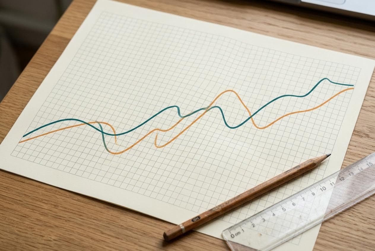 方眼紙に描かれた2本の抽象的な波形線