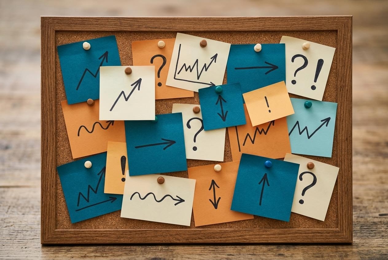 コルクボードに貼られた抽象的な付箋の集合