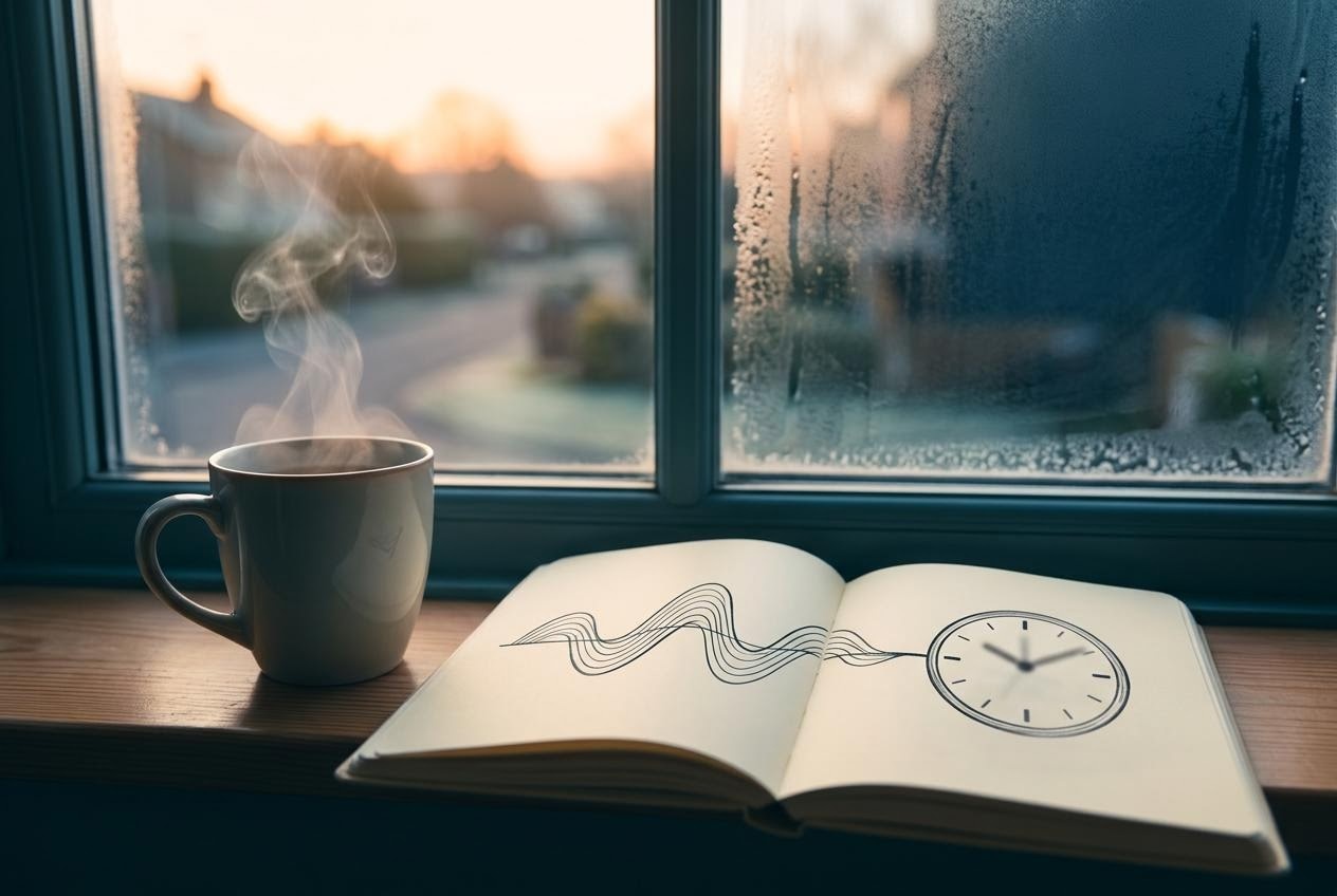 朝の机に置かれた時計とノートの抽象的な波形線