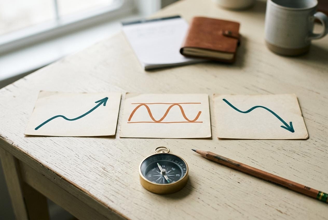 3枚のカードに描かれた上昇・横ばい・下降の抽象曲線