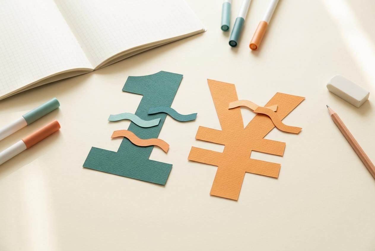 紙片で示された通貨記号と矢印の抽象的な構図