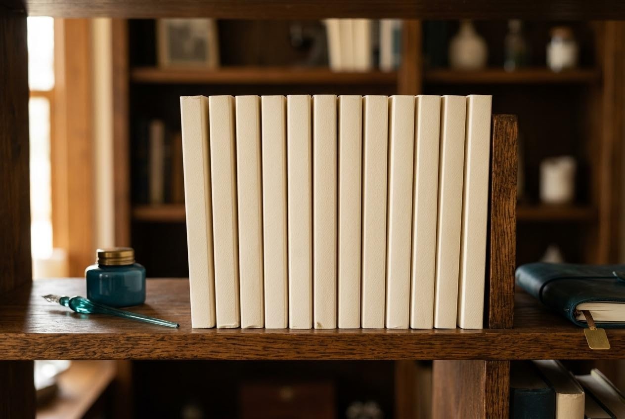 棚に並ぶ無地の学習ノートのクローズアップ