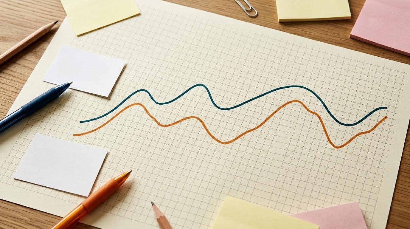 方眼紙に描かれたドル円と日本株の2本の抽象的な波形線