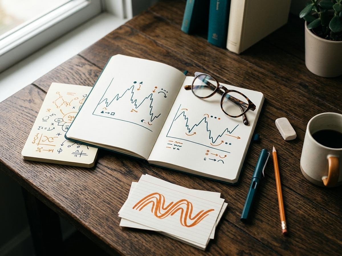 木目の編集机にノート、メモ、波形カードが並ぶ俯瞰ショット