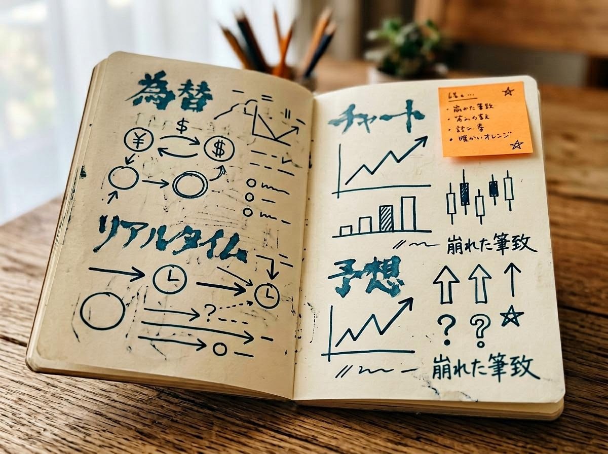 開いたノートに抽象的な記号と波形線が手書きで並ぶ