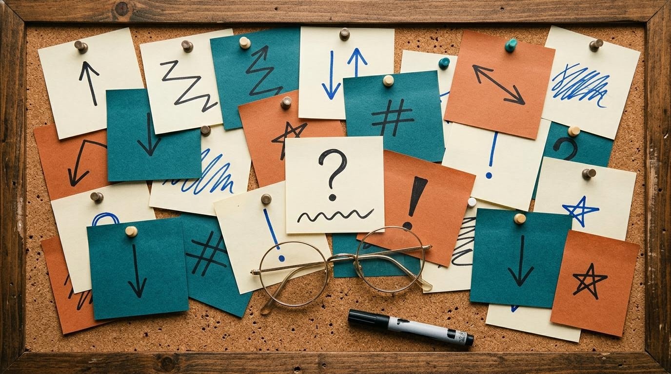 コルクボードに抽象的な付箋が重なって貼られた俯瞰ショット