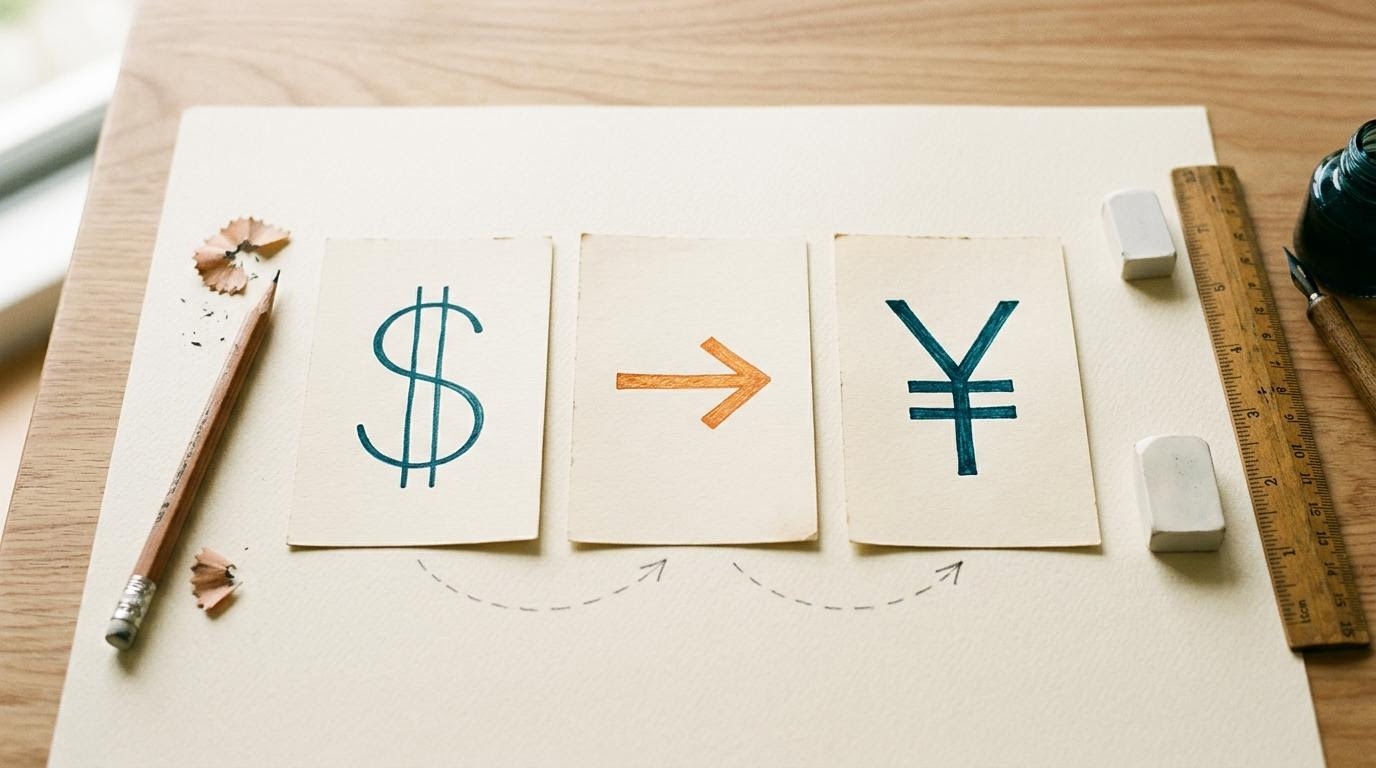 机上のインデックスカードに描かれた通貨記号と矢印の抽象構図