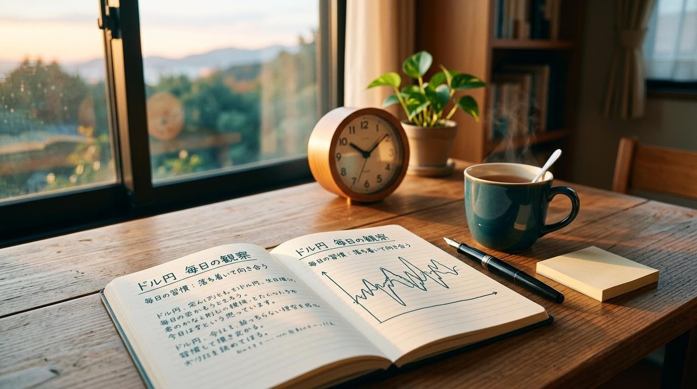 朝の机に置かれたノート、抽象的な波形線、湯気の立つコップの俯瞰