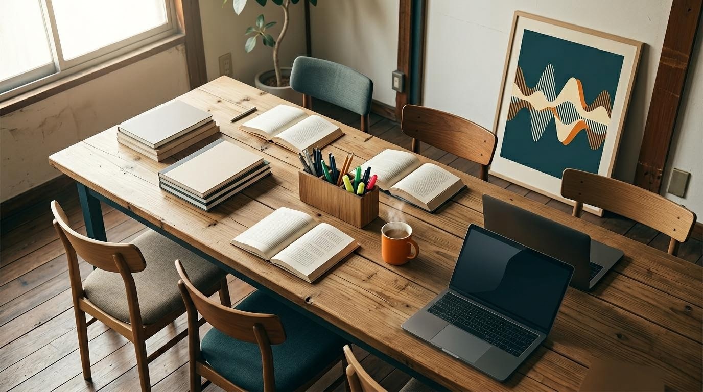 朝光が差し込む編集スタジオの長机に並ぶノートと書籍