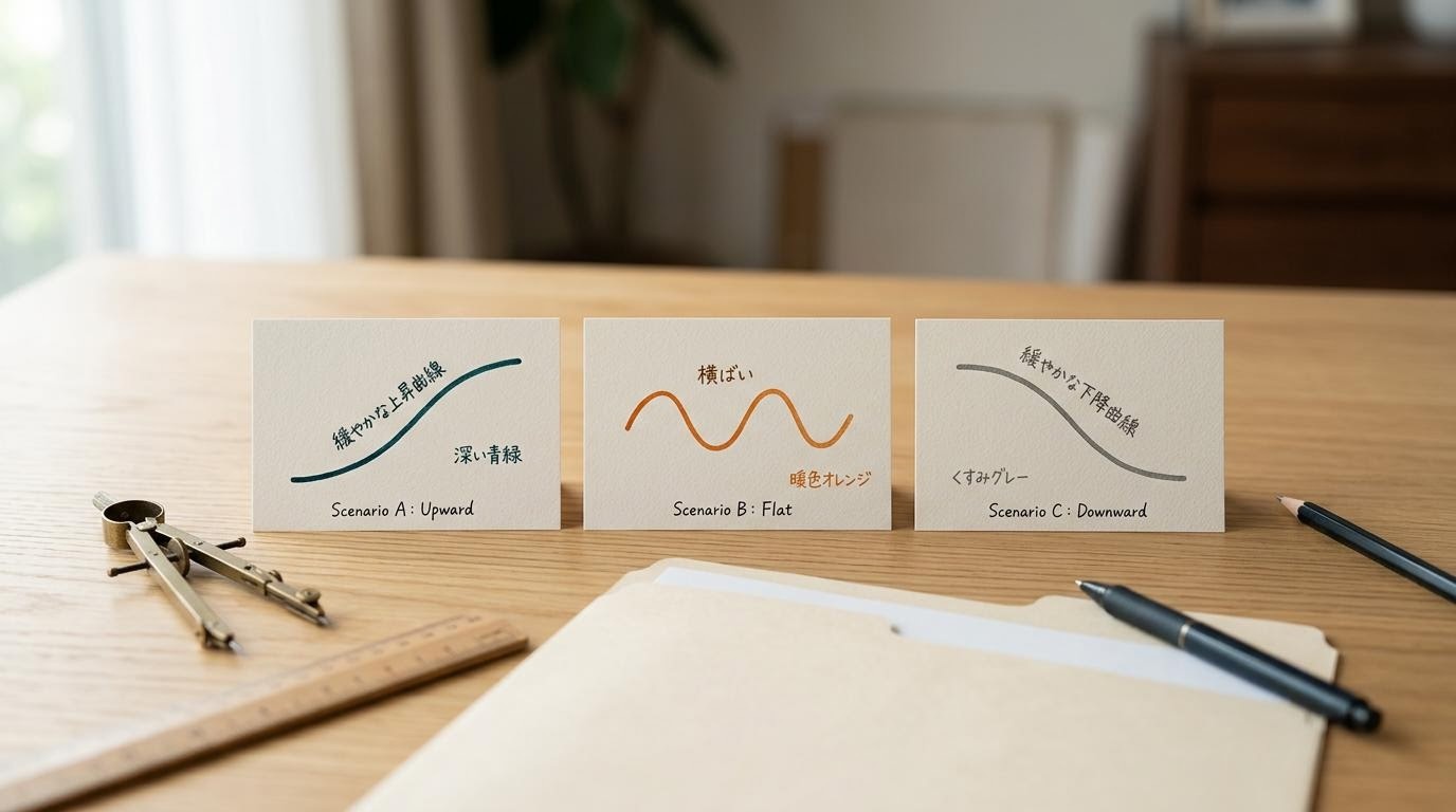 3枚のカードに描かれた上昇・横ばい・下降のシナリオ曲線